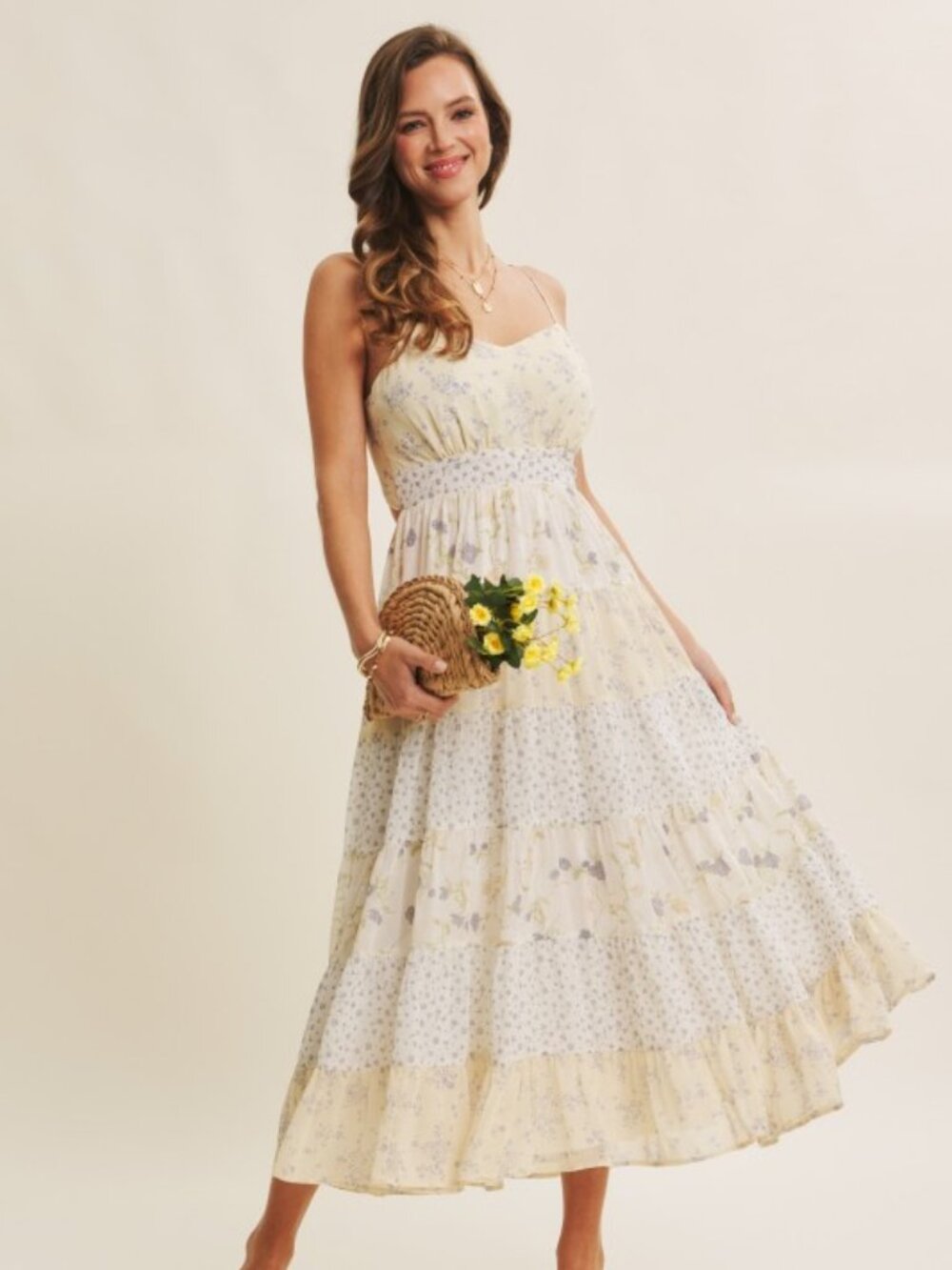 Meadow-inspired Mixed Floral Bow-back Midi Dress